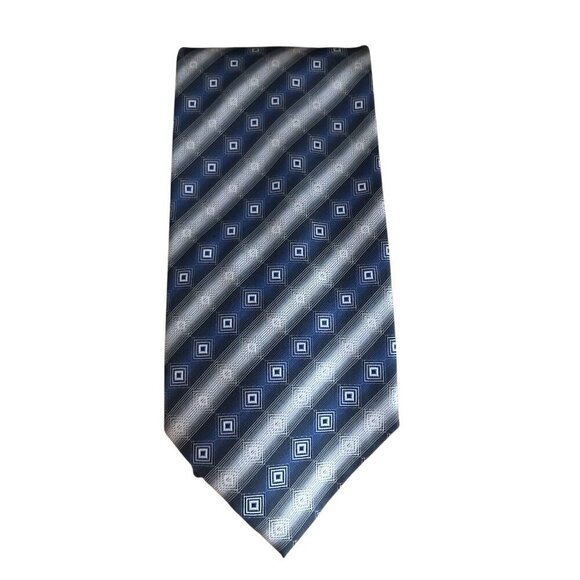 Valerio Garati Men's 100% Silk Necktie - Gray Blue Geo Squares Hand Made EUC - Picture 1 of 7